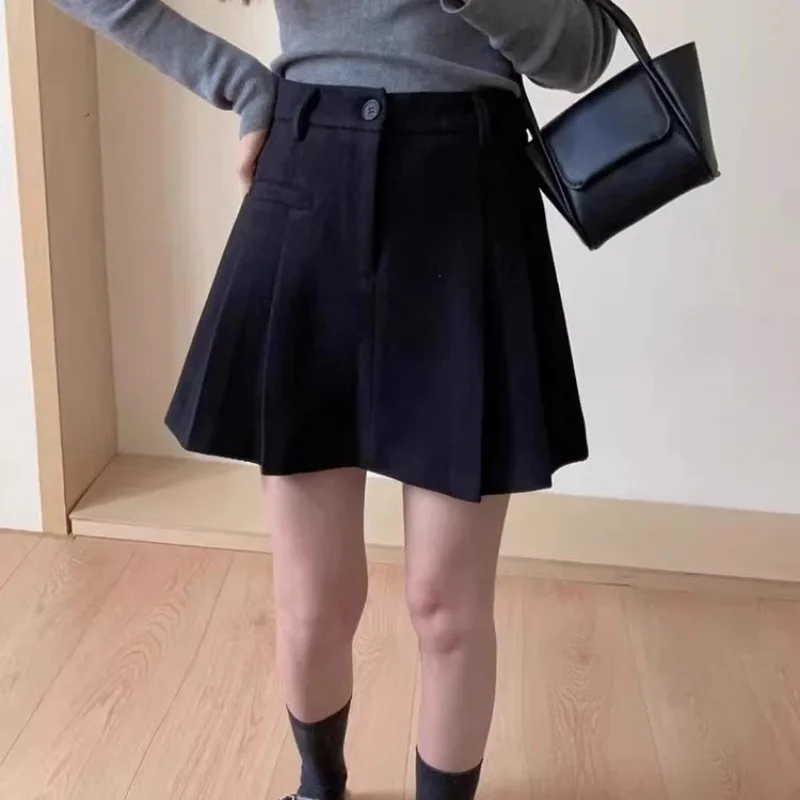 Women Winter Woolen Mini Skirt High Waist A Line Pleated Skirt Anti Exposure Thickened Skirt