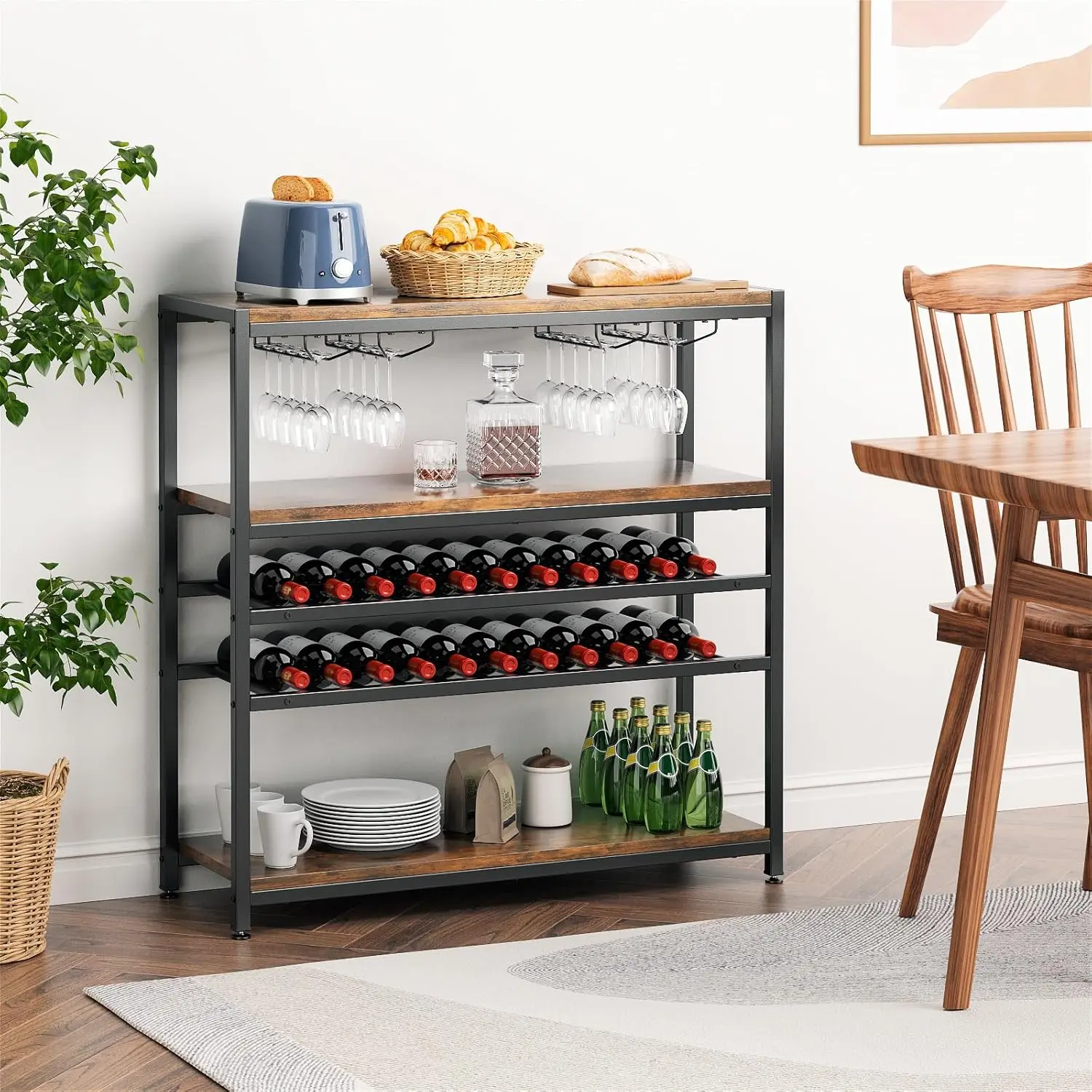 5-Tier Wine Rack Table, 22-Bottle Wooden Wine Bar Cabinet with 2 Wine Racks, 20 Glasses Holder