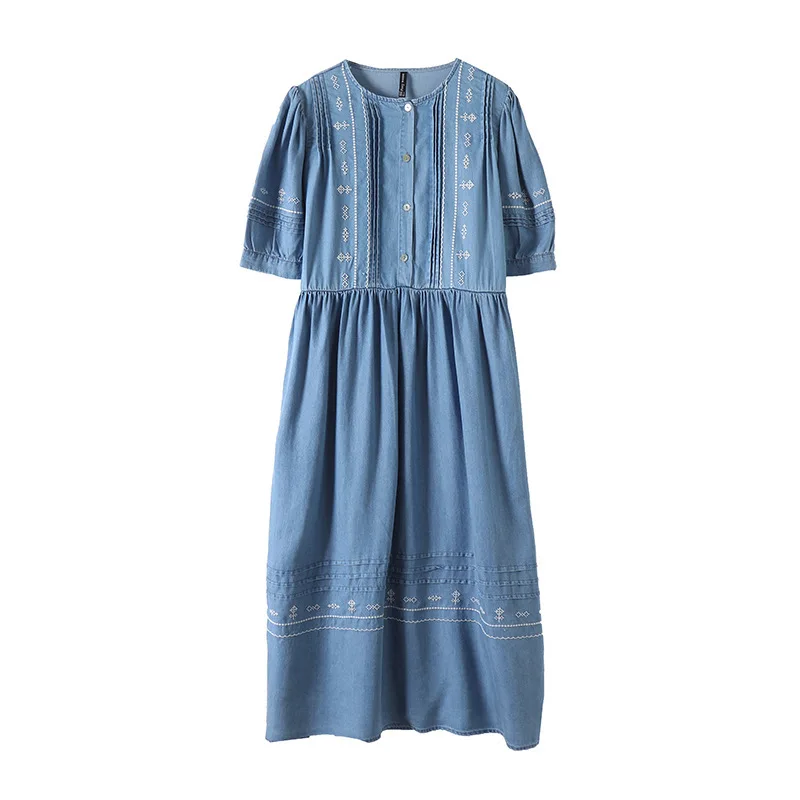Nieuwe zomer tencel denim jurken met lantaarnmouwen, dames O-hals borduurwerk, Mori Girl Retro OL casual losse jurk D56128CC