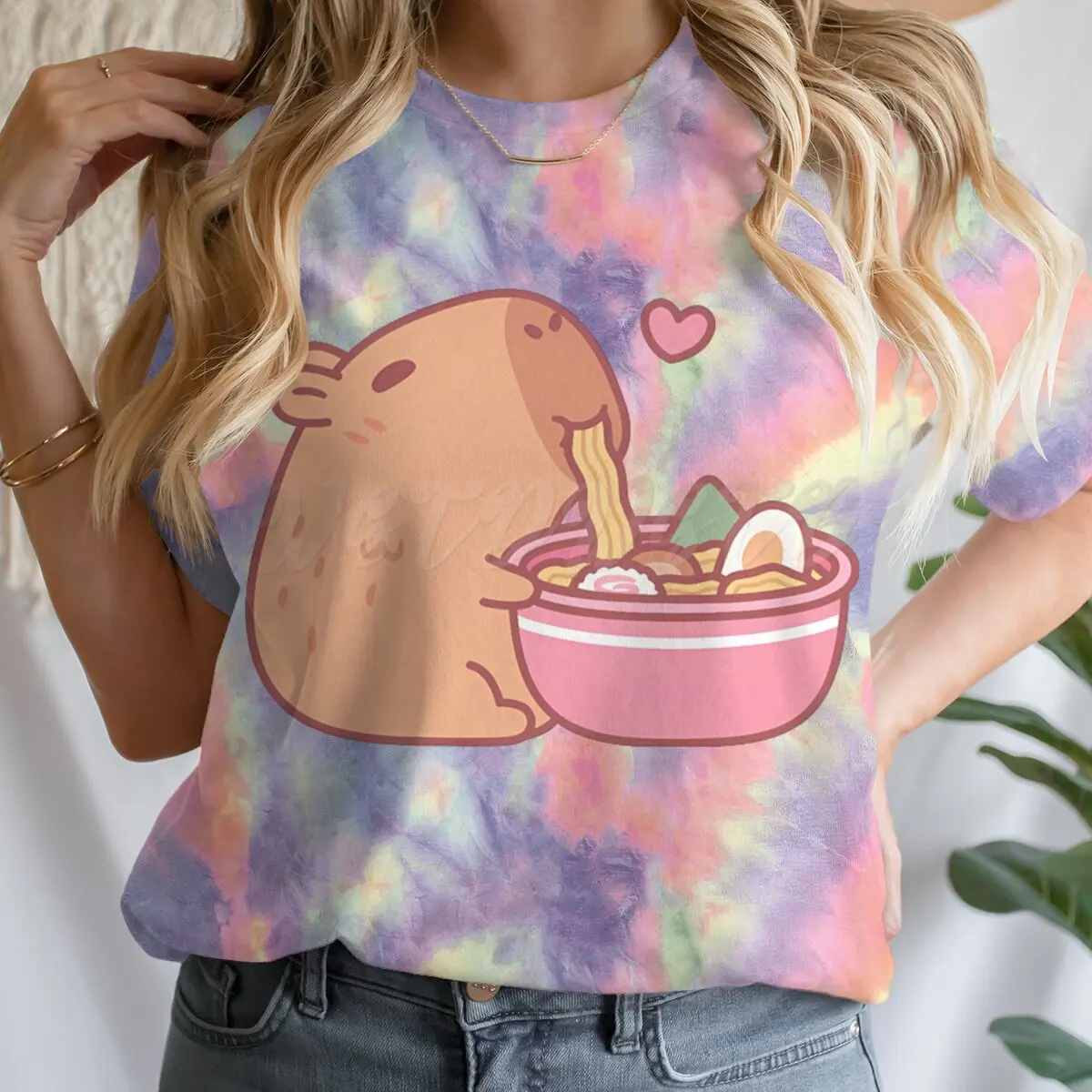 

Capybaras Print Women Fashion T-shirts Cute Capybara Eating Ramen Graphic T Shirts Tie-dye Animal Lover Summer Short Sleeve Tee