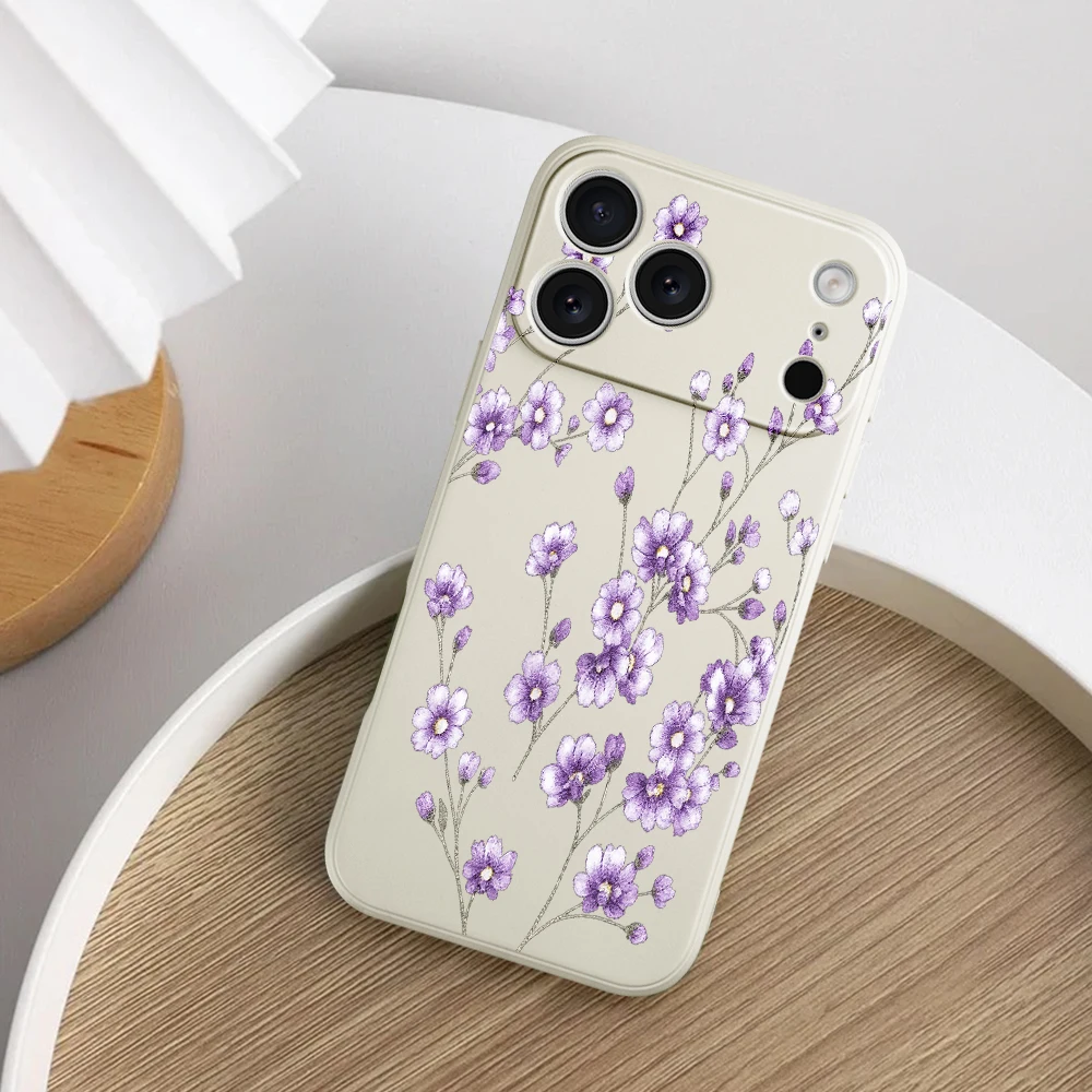 آيفون 17 برو ماكس 17 الهواء 16 15 14 13 12 11 برو ماكس XS ماكس 7 8 زائد 16e 16 زائد غطاء من البولي يوريثان كوكه الضوء الأرجواني الأزهار جراب هاتف