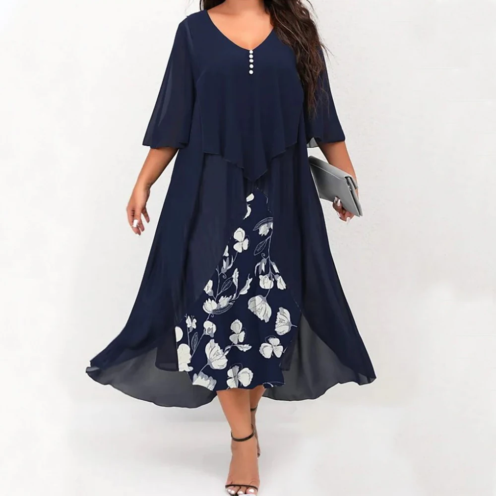 Plus Size XL-5XL Elegant Fashion V-Neck Loose Party Dress New Chiffon Spliced Fake Two-piece Irregular Half Sleeve Women's Dress