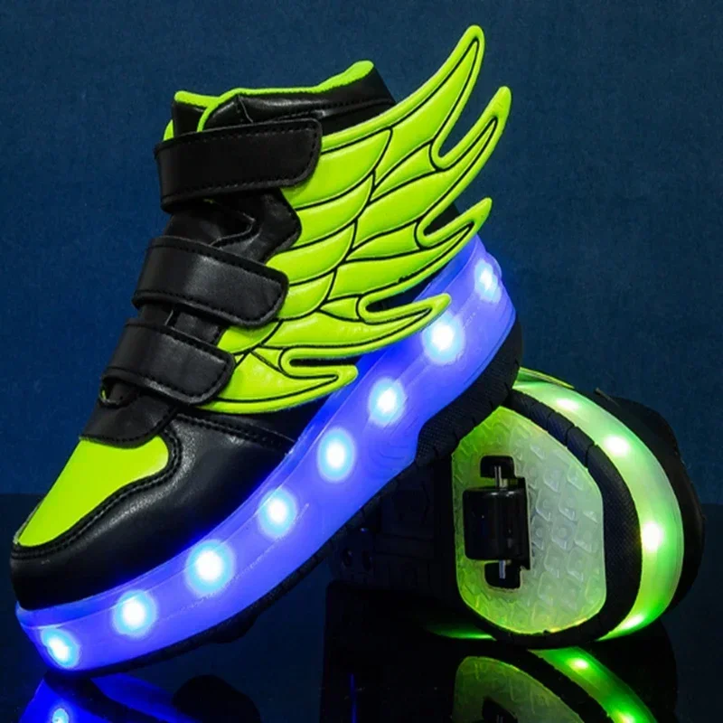 New Boys Girls LED Light Luminous Shoes Jazzy Children Roller Skate Shoes With Wheels Kids Junior Toddler Glowing Wings Sneakers