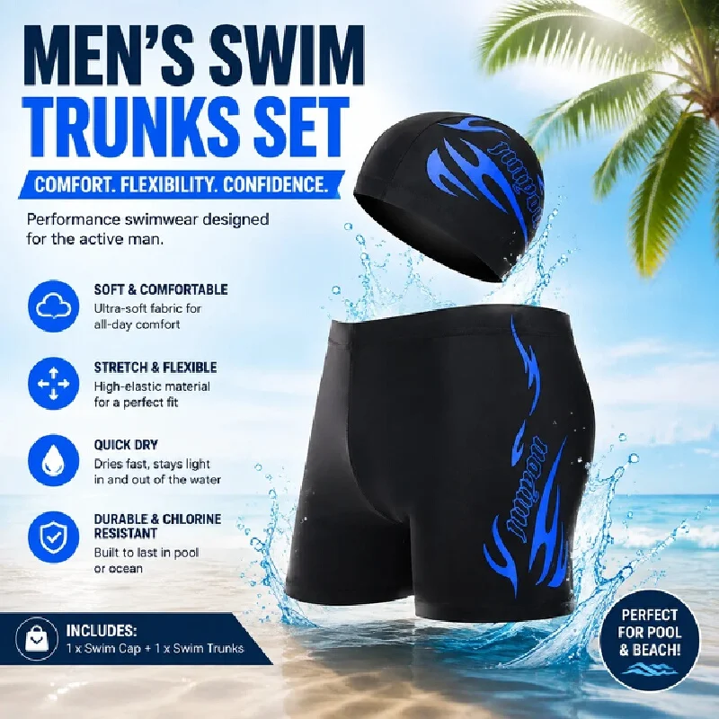 New In Stock Men'S Swim Trunks Adult Quick Drying Loose Swimsuit Plus Size Flat Corner With Swim Cap Set Vacation Swim Trunks