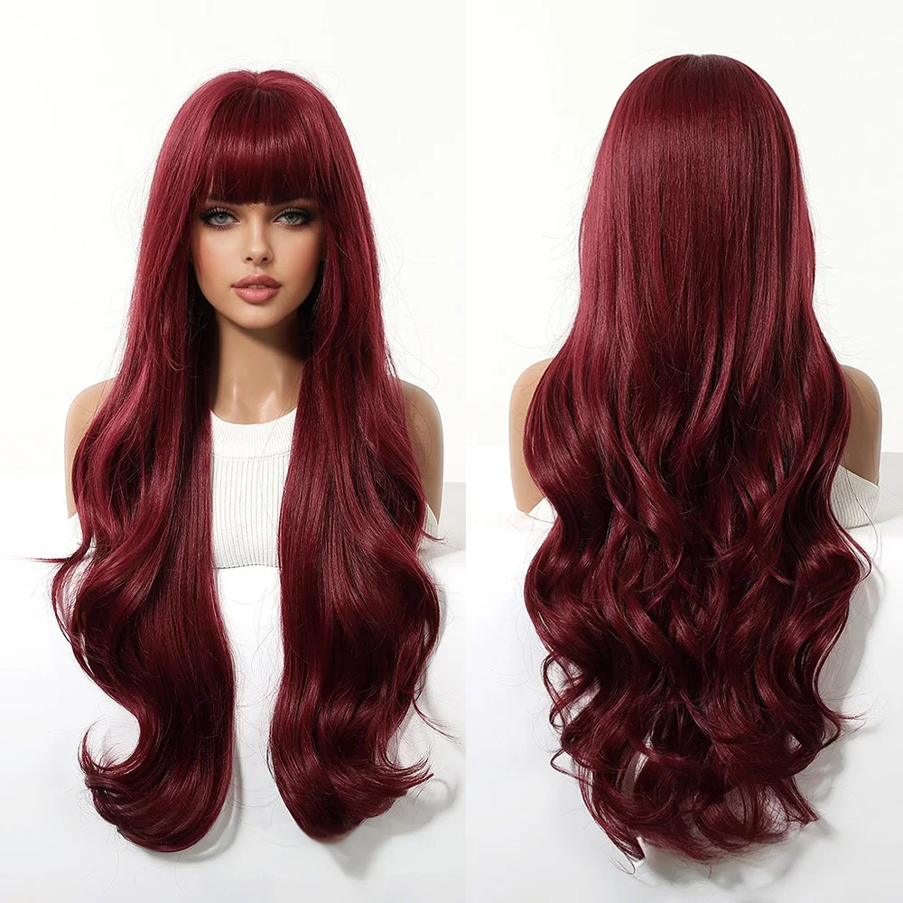 30-Inch Wine Red And Gold Wavy Synthetic Hair Band Bangs Is Suitable For Women'S Daily Party Fluffy And Heat-Resistant Wigs