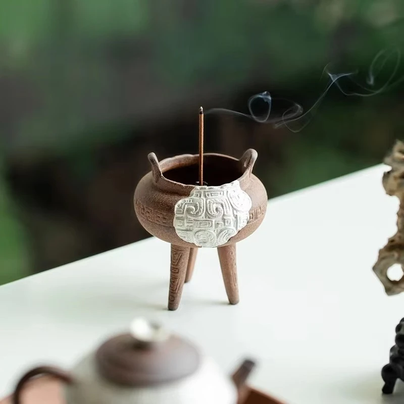 Soporte  incienso  tres patas hecho a mano, diseño plateado, horno  aromaterapia, incensario Zen, adornos