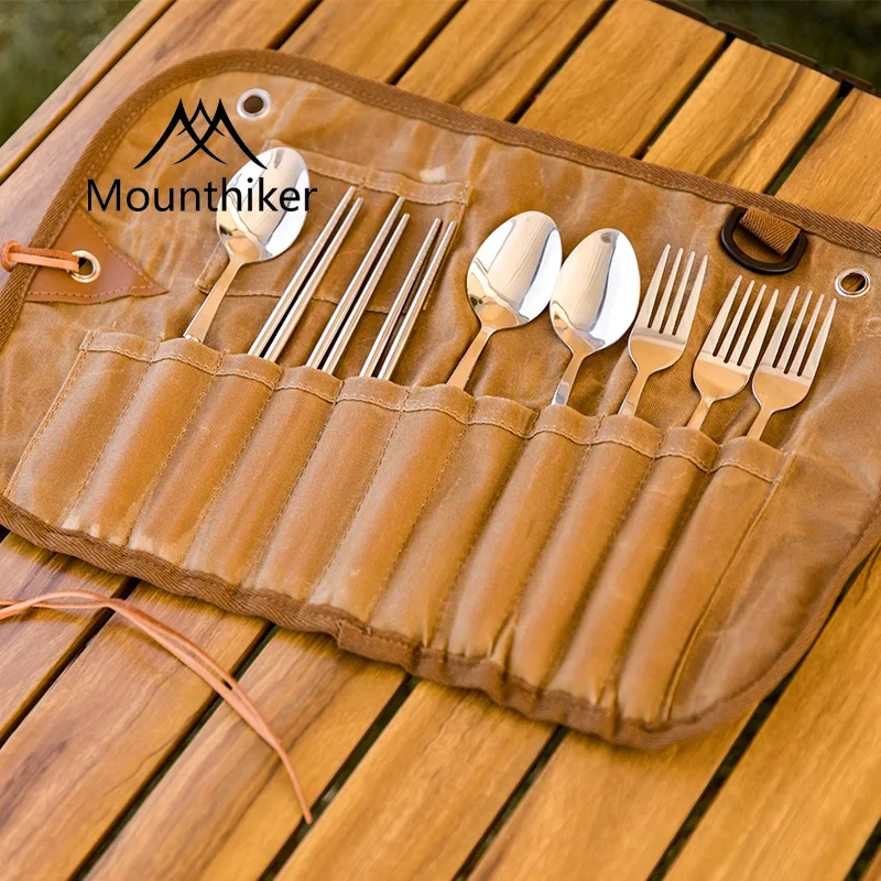 

Outdoor Camping Picnic Cookware Egg Roll Tableware Set Stainless Steel Knife, Fork, Spoon Storage Folding Bag