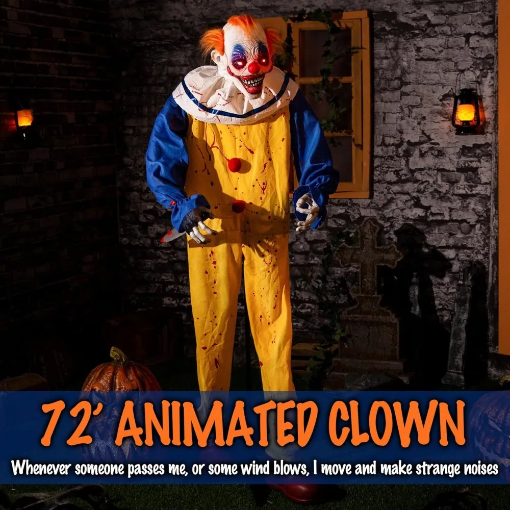 

72" Clown Halloween Animated Decoration with Scary Sounds, Action, Glowing Eyes, Haunted House Horror Decoration Props