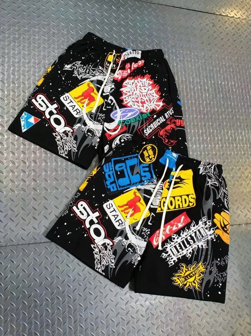 Hellstar Streetwear American Hip Hop Graffiti Print Loose Drawstring Casual Shorts Unisex Men Women Summer Pants