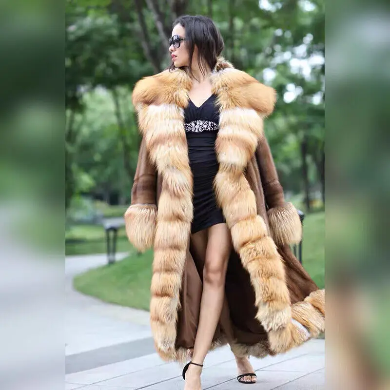 Luxury Real Mink Fur Long Coat for Women Winter Red Fox Shawl Collar Jacket Overcoat Fashion Natural Fur Warm Thick Outwear