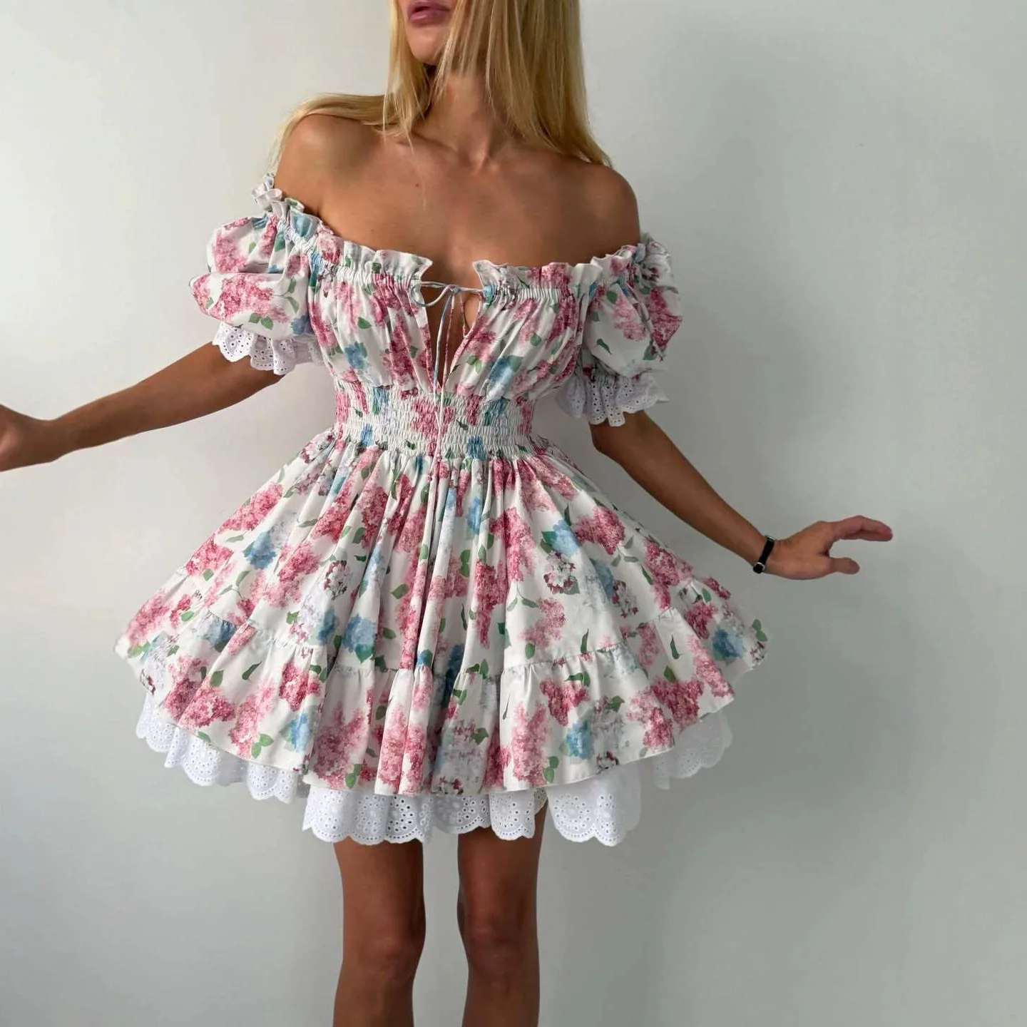 Fashion Floral Lace Trim Corset Dress, Square Neck Tie Waist Bodycon Dresses Spring Summer view 2
