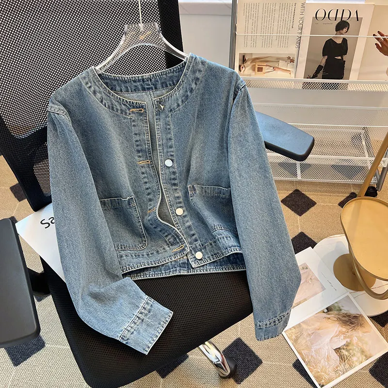 

American Vintage Denim Jacket for Women 2024 Spring New O-neck Single-breasted Slim Coats Casual Loose Short Jacket Tops