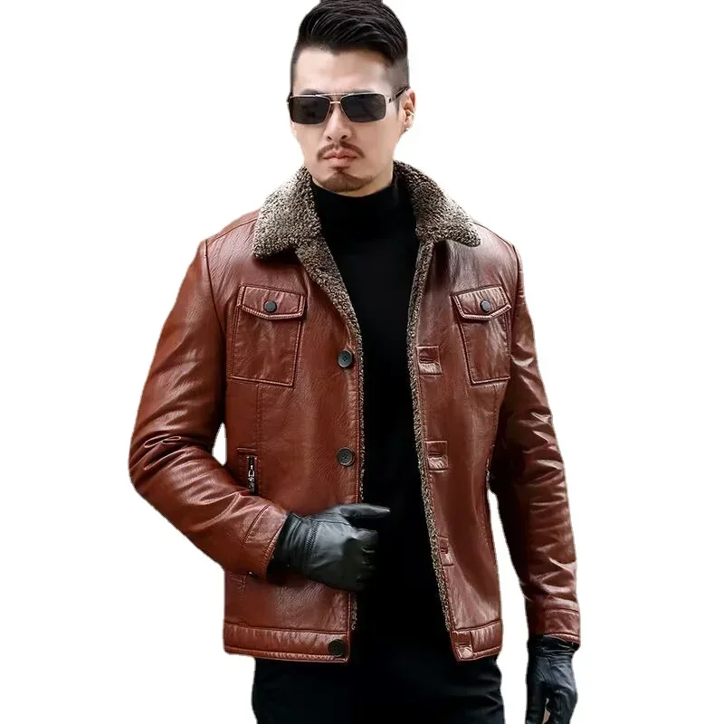 

Men's leather clothing winter slim fitting plush wool Korean version lapel PU biker jacket men leather motorcycle trend coat