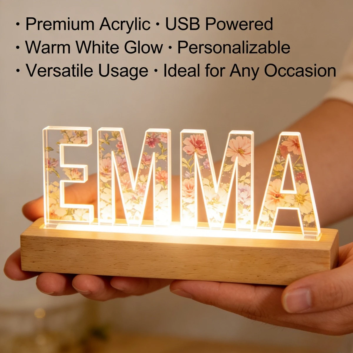 1pc Custom Text Acrylic LED Night Light, USB Powered Personalized Gift for Birthday, Warm White USB Powered Lamp with Wood Base
