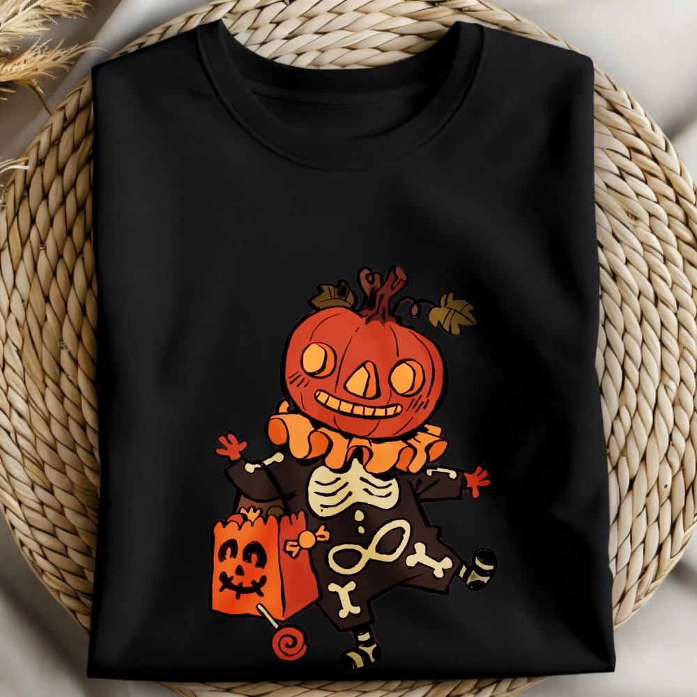Halloween Pumpkin Skeleton Boy Unisex Tee Fashion Trendy Top Casual Cotton Streetwear Shirt Trick Treat Graphic Spooky Apparel