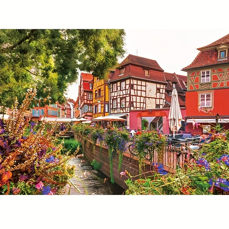 Komma Town 1000 pièces Puzzle 26.75 "x 19.25" Village européen Art mural pour adultes Vintage Architecture cadeau papier mat décor