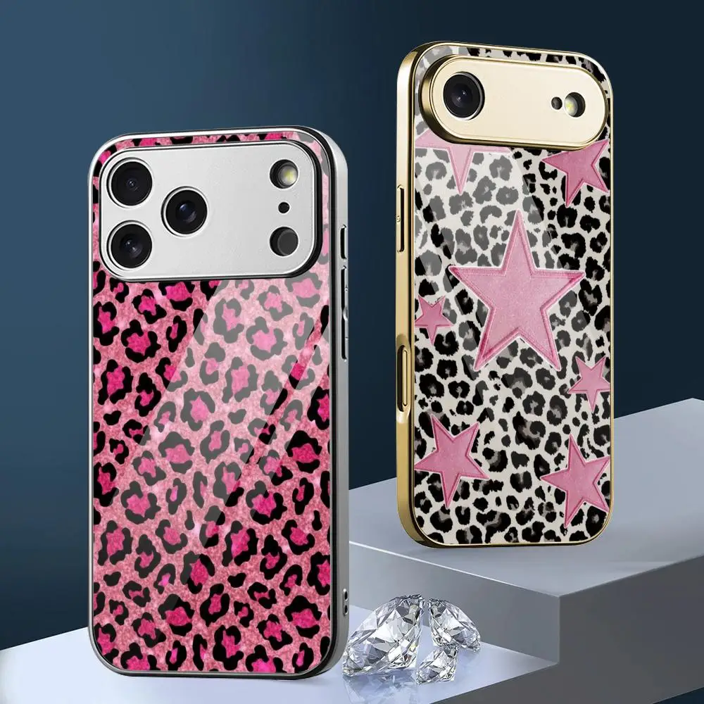 

Leopard Print Phone Case For iPhone 17 16 15 14 13 12Pro Max Plus Electroplated Metal Case Glass Back Protective Cover