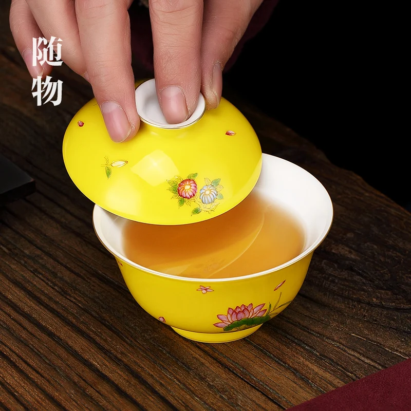 Jingdezhen Enamel Colored Cover Hand-painted Small Women's Hot Pot Ceramic Bowl Sancai Cup Kung Fu Tea Set