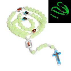 Glow in The Dark Rosary Necklace For Women Religion 10MM Luminous Rose Beads Chain INRI Crucifix Cross Pendant Prayer Jewelry