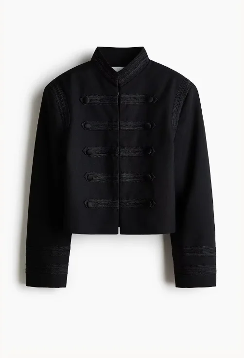 Black Cropped Military Jacket Stand Collar Long Sleeve Double Breasted Stitch Decor Coat 2026 Fall Street Daily Women's Coats