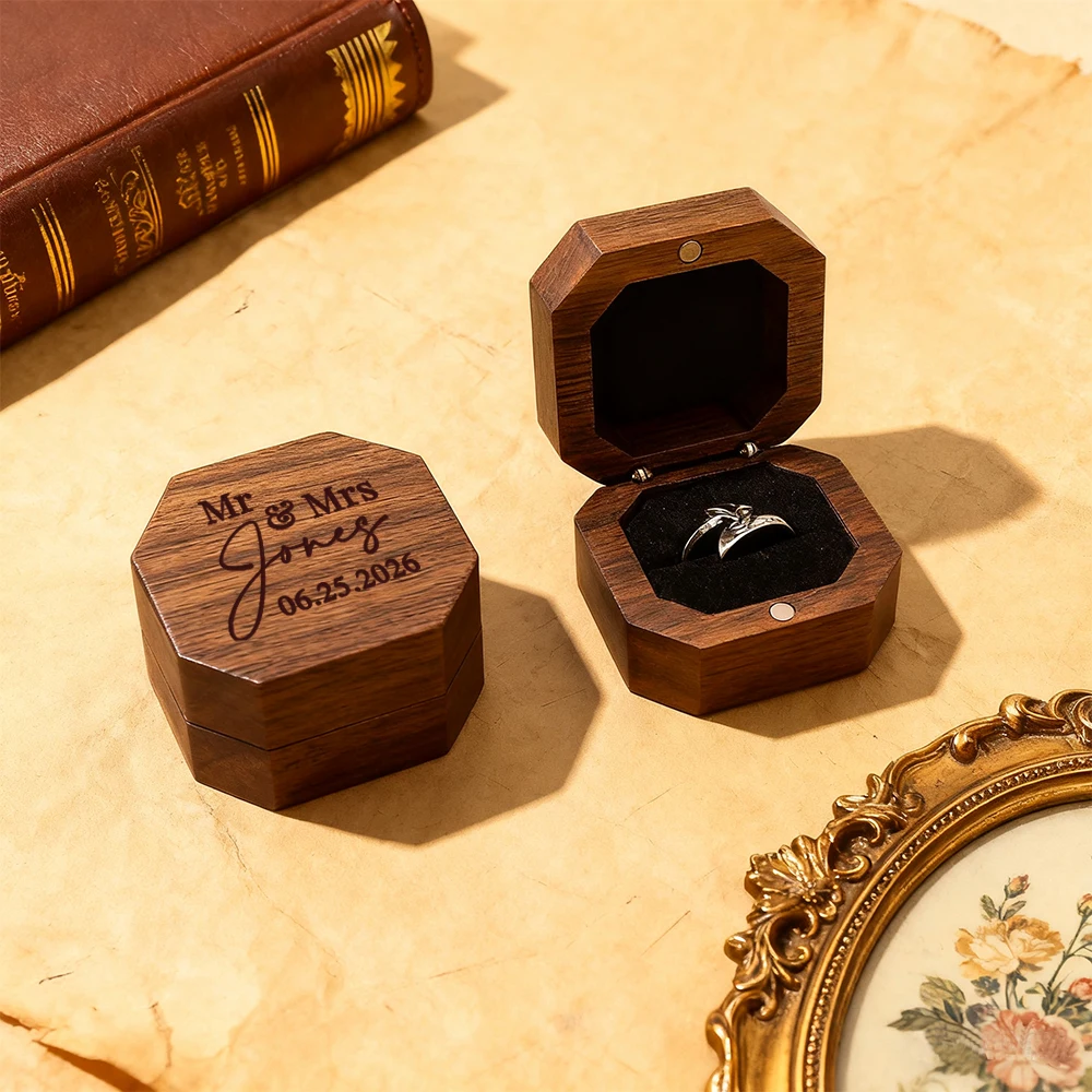 Personalized Octagon Wooden Ring Box,CustomEngraved NameEngagement Ring Holder For Proposal Wedding,Anniversary,Valentine's Gift
