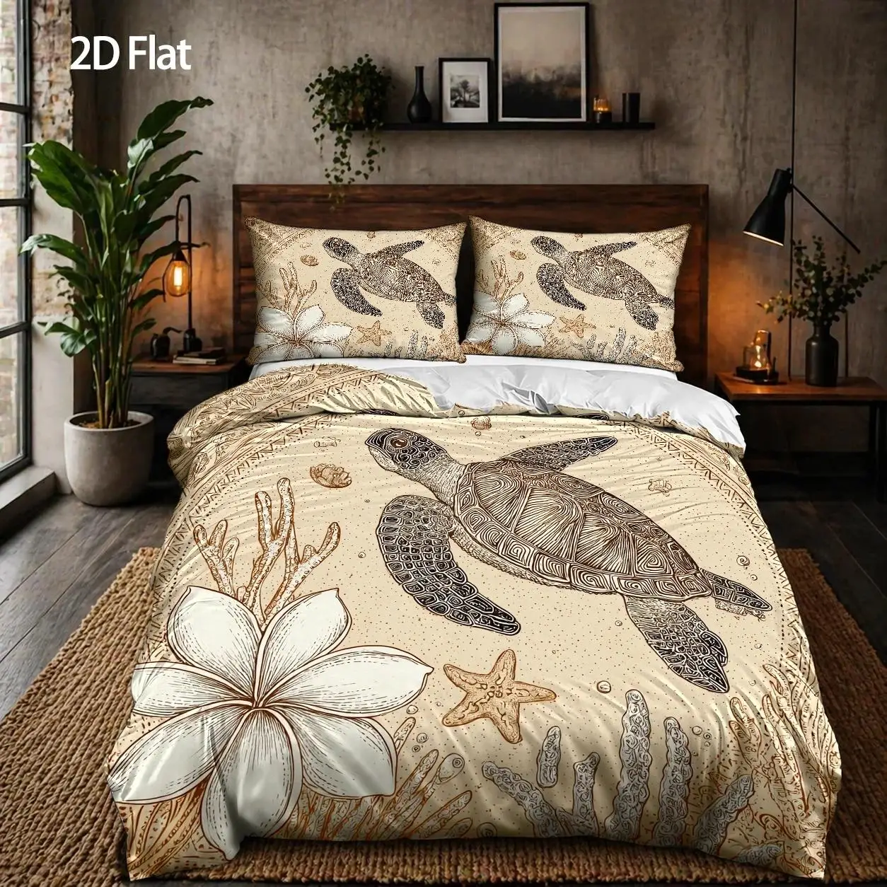 3-Piece Quilt Cover Set, 1 Quilt Cover + 2 Pillowcases (Without Filling) 2D_Flat_Priting, Turtle Ocean Theme, Retro Hand-Painted Style, World Ocean Day, Suitable for All Seasons, Machine Washable, Invisible Zipper, Home Use