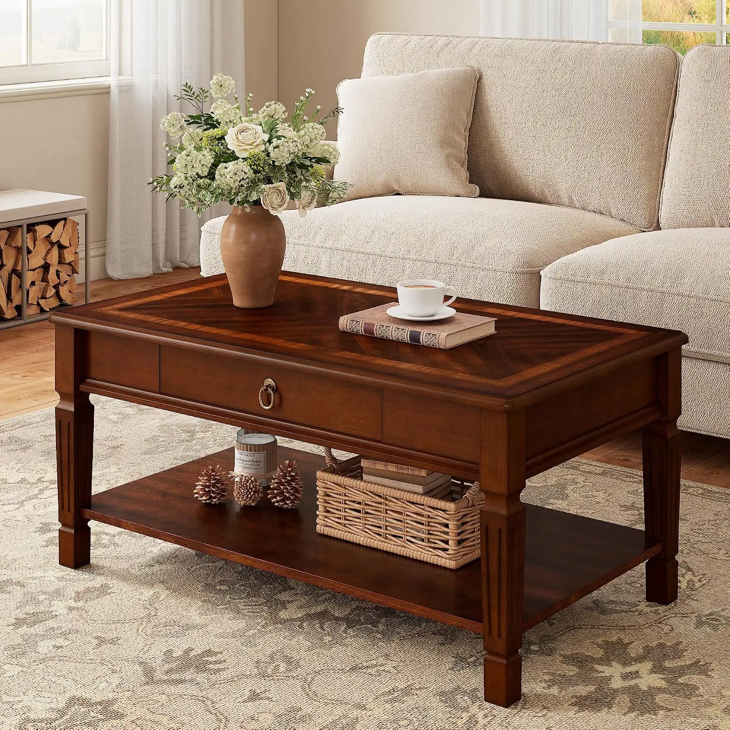 Wooden Coffee Table with Drawer, 39.4in Living Room Center Table, Customized