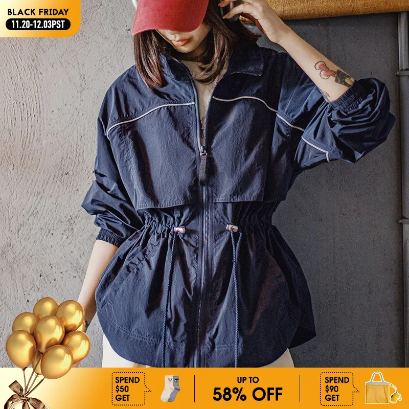 

Maden Women's Lightweight Stand Collar Short Windbreaker Jacket Navy Blue Contrast Parka with Waist Cinching for Spring and Fall