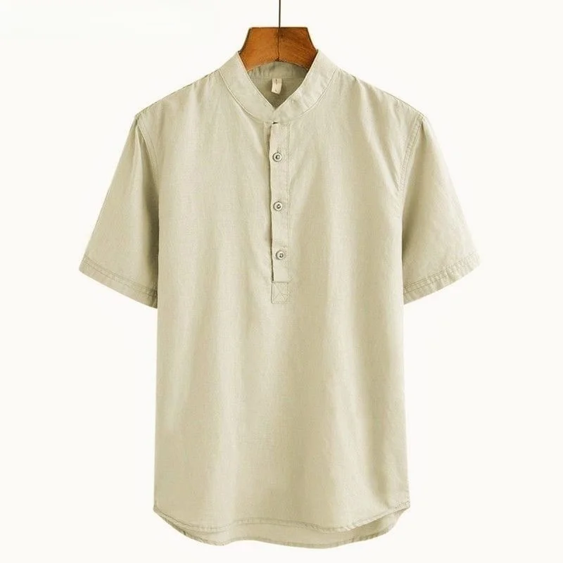 여름용 면 린넨 남성용 셔츠, 루즈핏 심플 슬리브 통기성 좋은 린넨 셔츠, 오픈 프론트 칼라