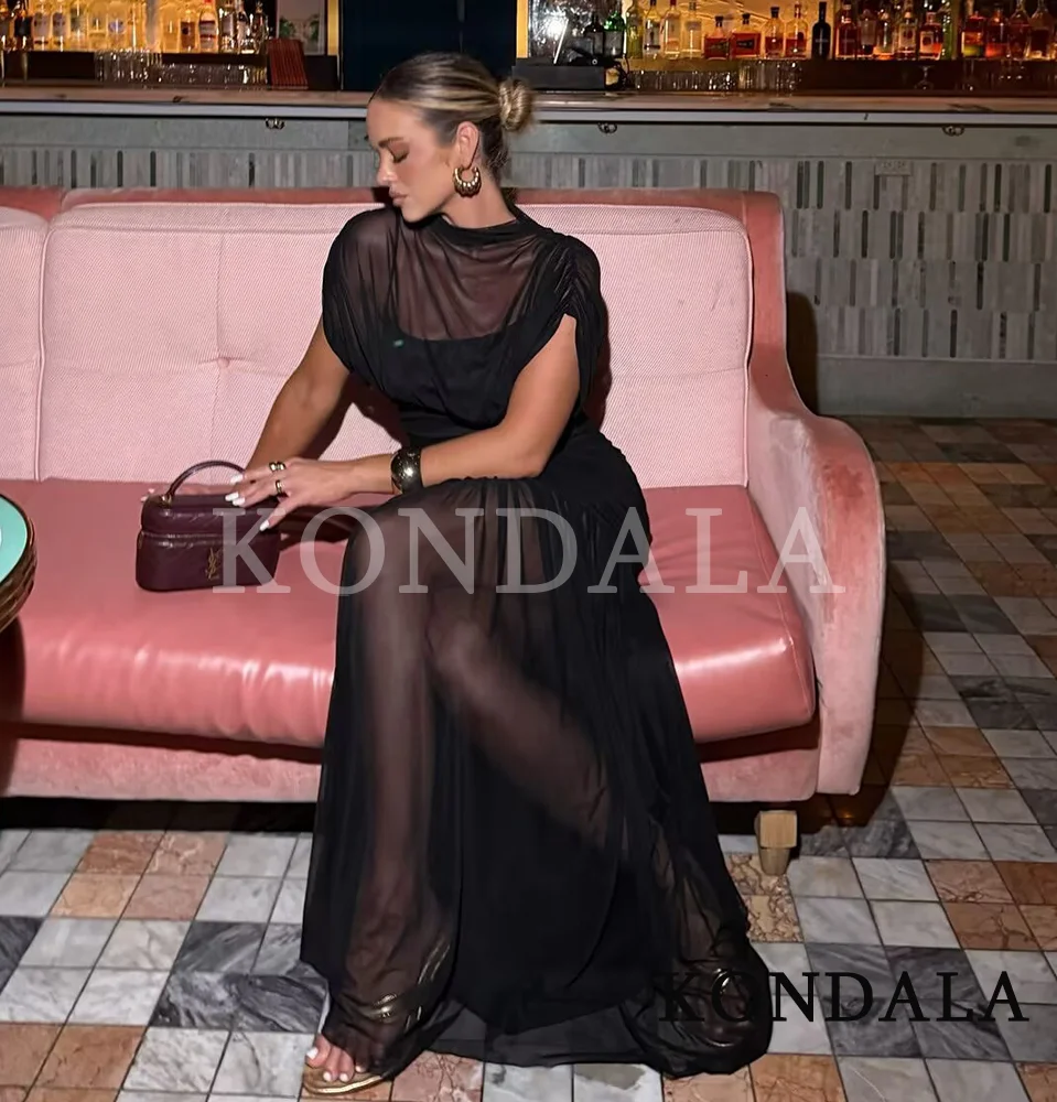KONDALA العصرية فستان حفلات الكوكتيل المرأة براقة الأسود شبكة مطاطية الغزل فستان طويل 2026 الربيع الصيف موضة خمر فستان #6