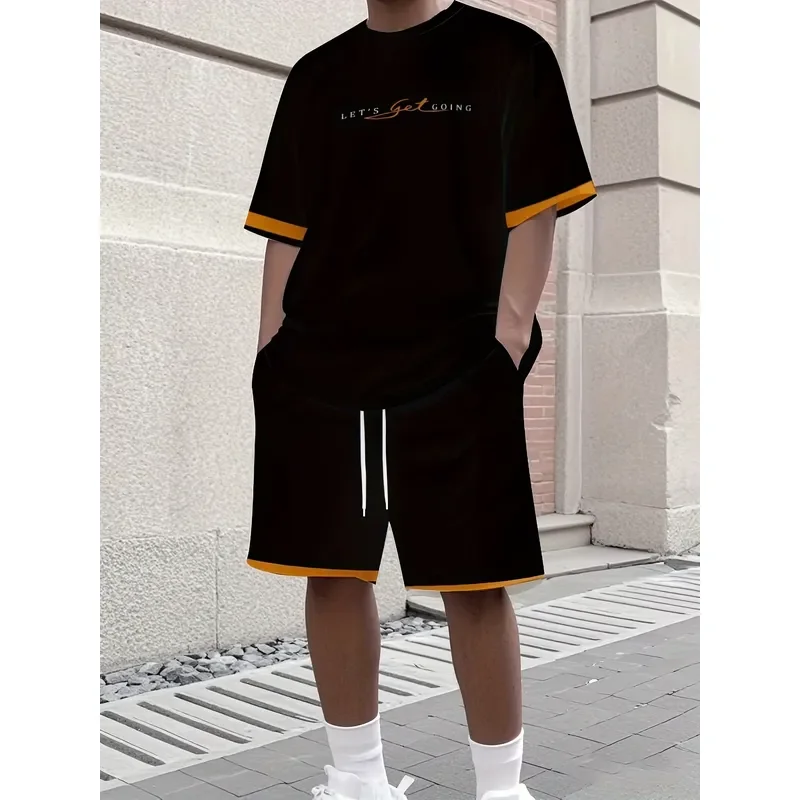 Men Sports Set Two Piece Round Neck Short Sleeve Top And Shorts Running Suit Large Size Summer T Shirt Casual Wear For Male