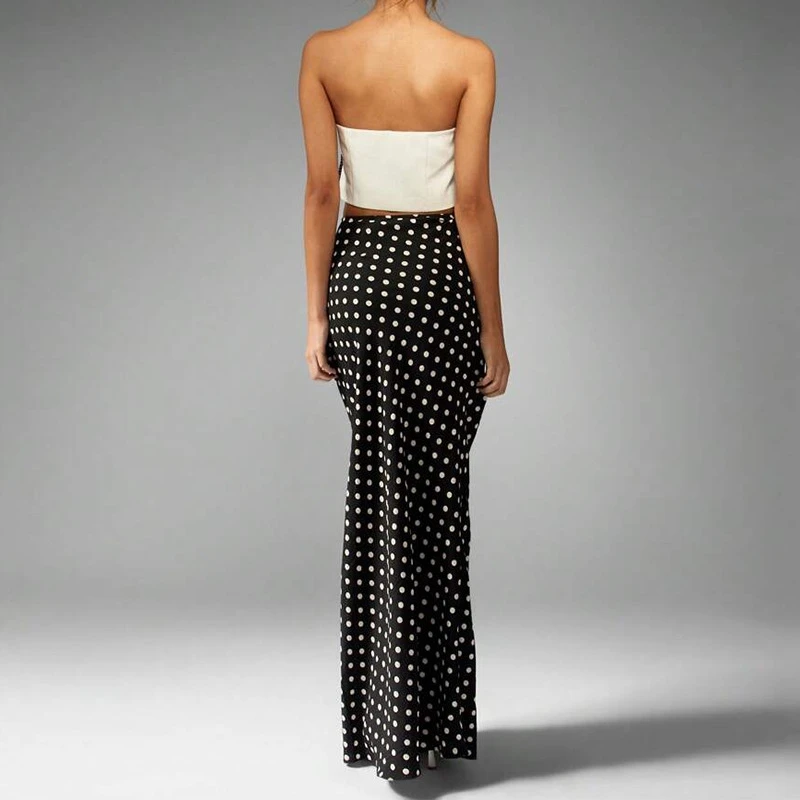 Jupe mi-longue à pois pour femmes, coupe cintrée, élégante, bureau, décontractée, une étape, taille élastique, évasée, ligne a, été 2024