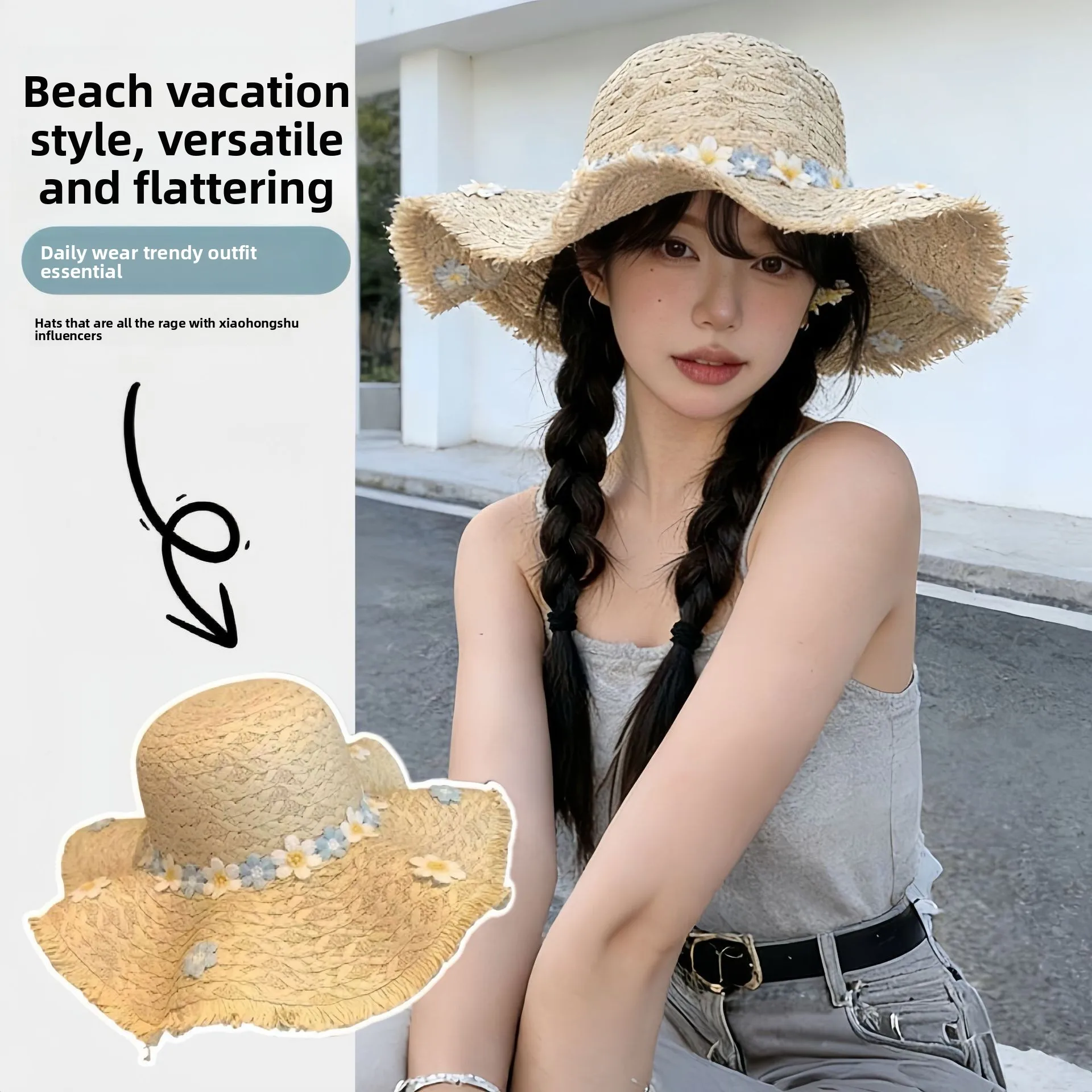 UV Protection Raffia Straw Sun Protective Hat for Women Large Brim Floral Decor for Summer Travel Seaside Beach Vacation