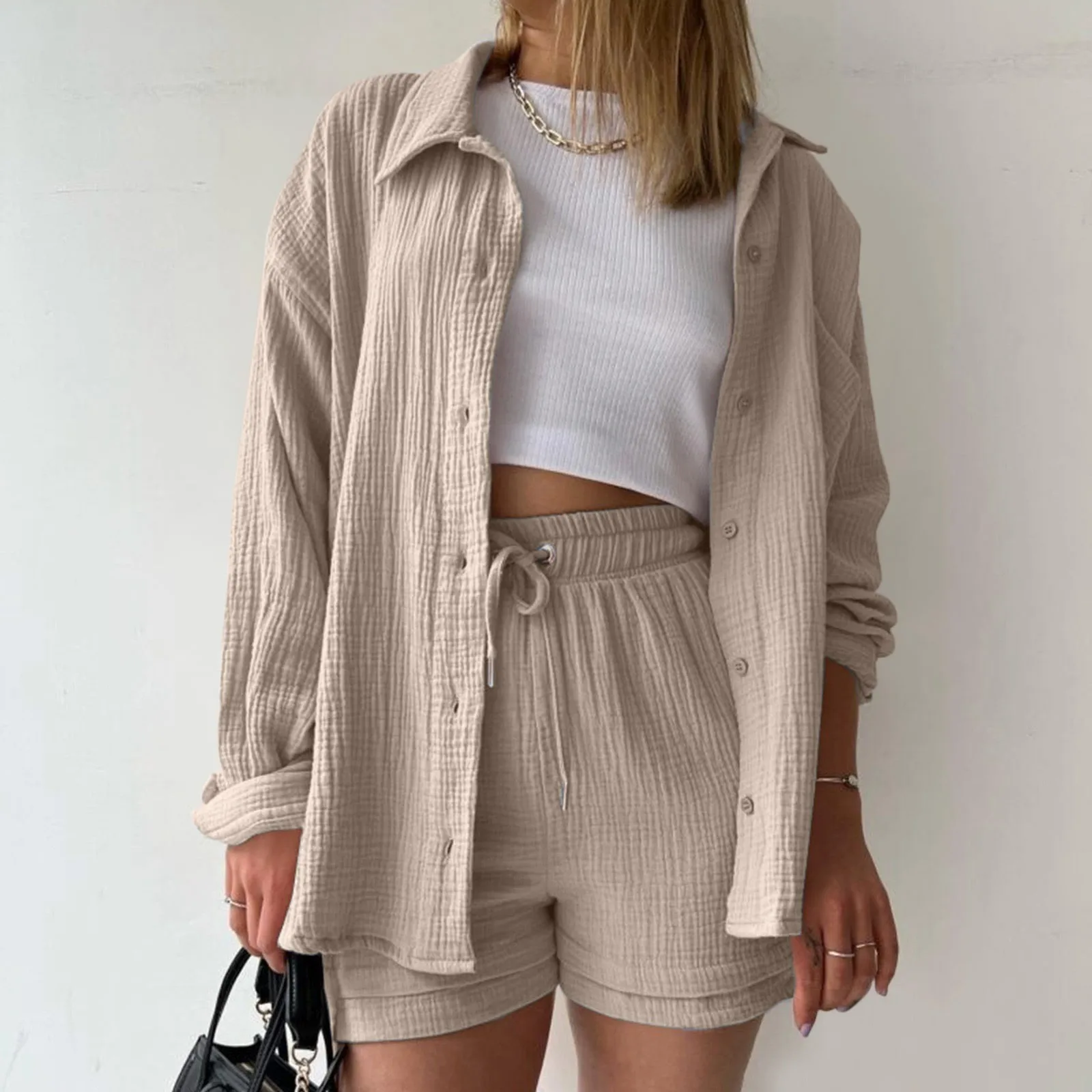 2 Piece Set 2024 Summer Women Shorts Suit Shirts+Short Pants Long Sleeve Lapel Button Up Clothes High Waist Drawstring Bottoms