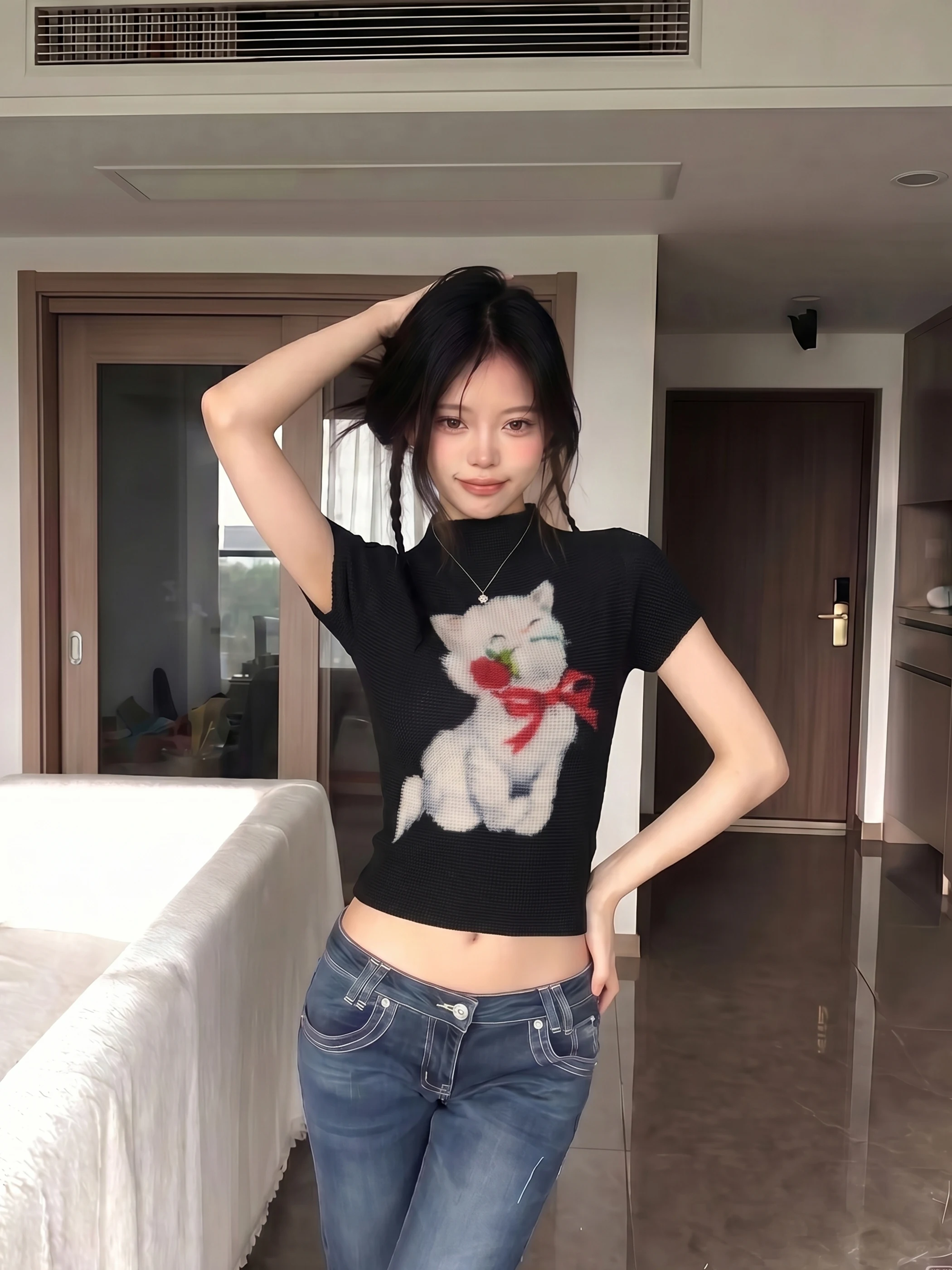 

Korean Sweet Cool Print Short Sleeve T-Shirt Women's Slimming Short Style Hot Girl Top Fashion Spring 2026 New Arrival