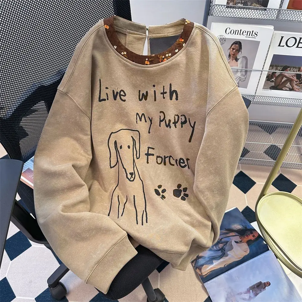 

Sweater Women Autumn Winter Niche Khaki Retro Puppy Color Matching Floral Collar American Design Plus Size Top Ins