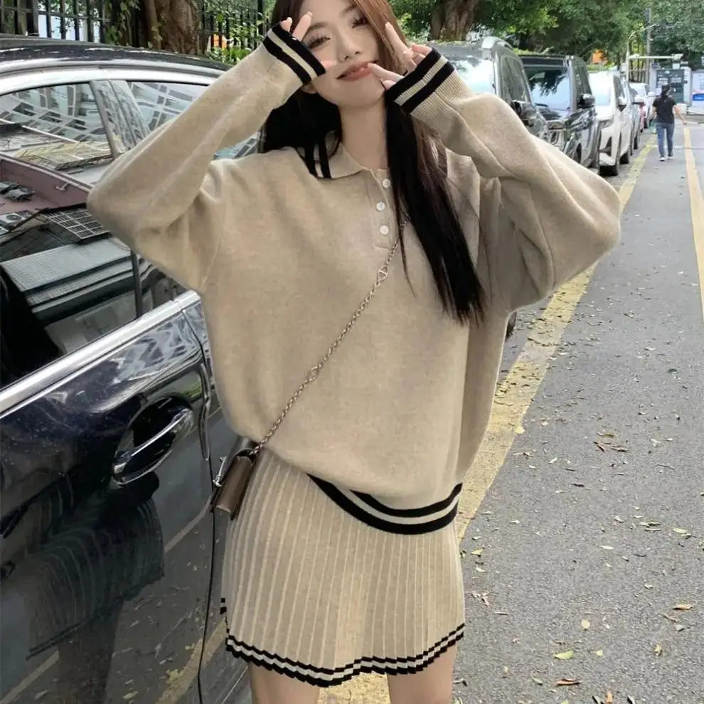 

Hsa Polo collar Elegant loose fitting Korean long sleeved knitted sweater pleated half skirt for women 2023 Fall 2 pcs Knit set