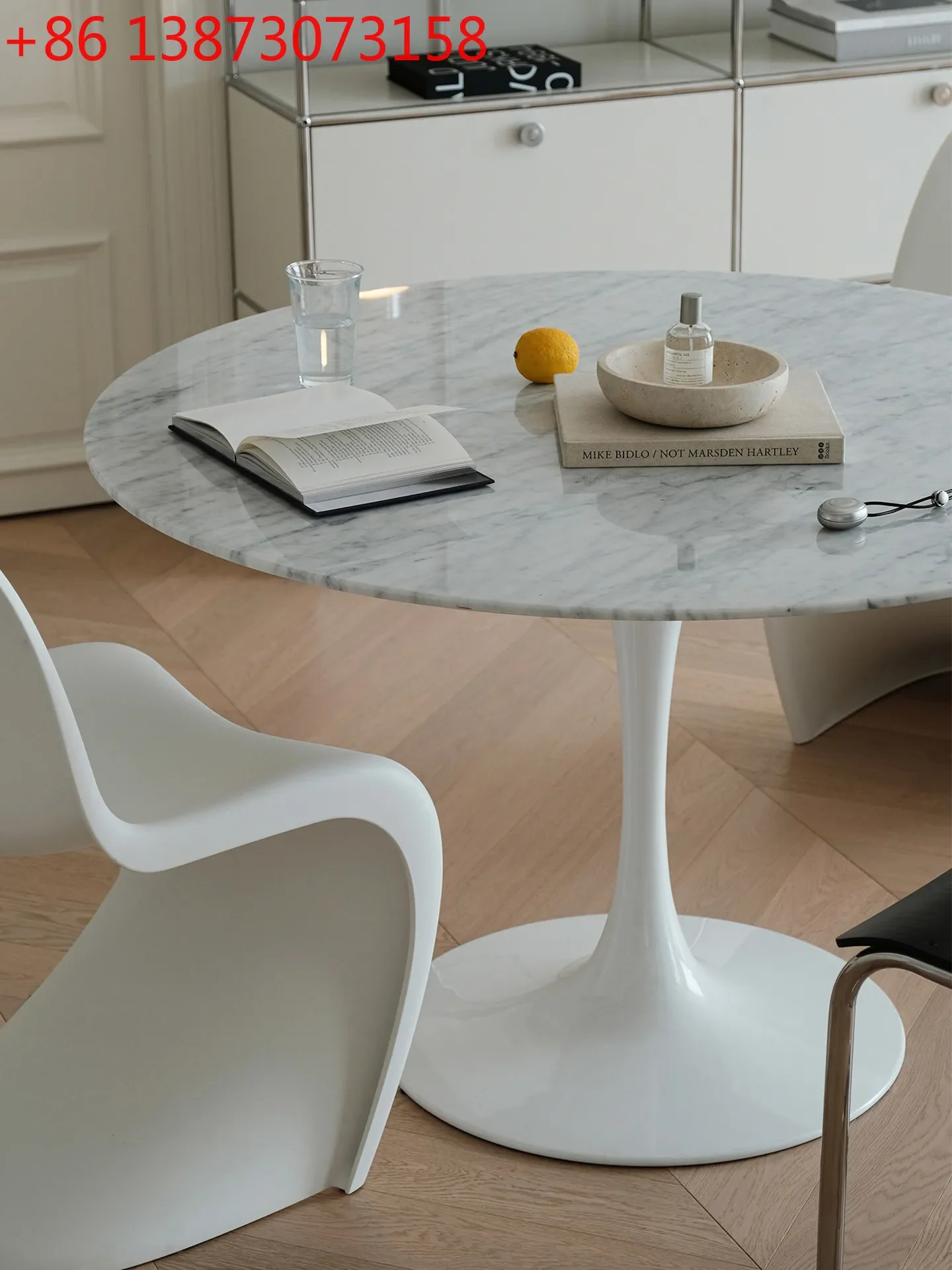 Mesa de comedor redonda de mármol natural blanco Tulip, para apartamento pequeño, tamaño mediano, de piedra de lujo Carrara, 1.1M