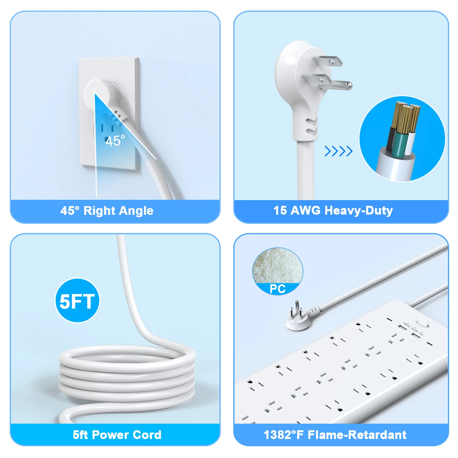 Fita de alimentação com plugue US, 23-em-1, 19 saídas CA, tomada elétrica, 4 portas USB, 2 tipo C, cabo de extensão de 1,5 m, filtro de rede multitap