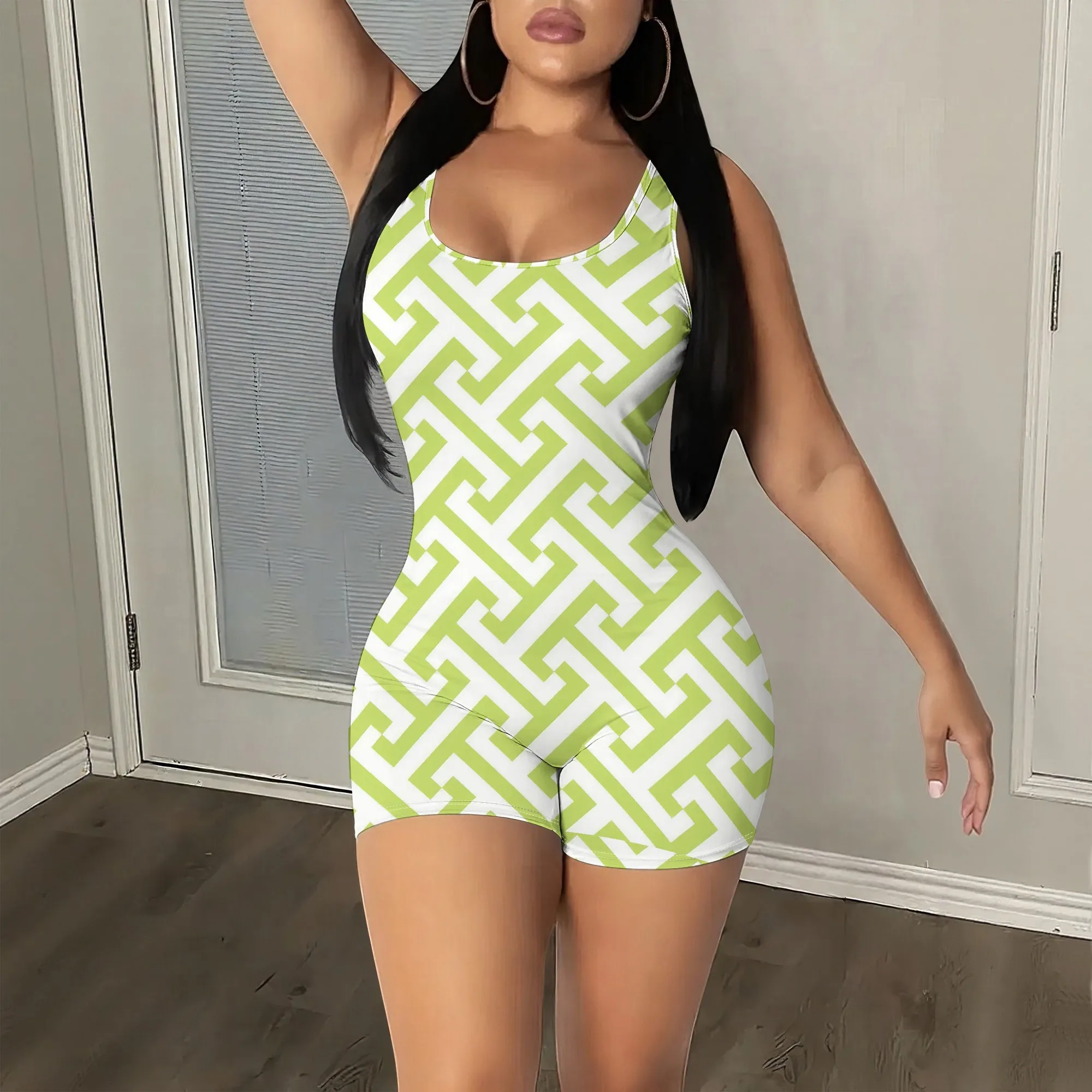 

Green Maze Print Sleeveless Romper, Geometric Pattern Playsuit, Summer Casual Jumpsuit, Women's Beach Outfit, S-2XL