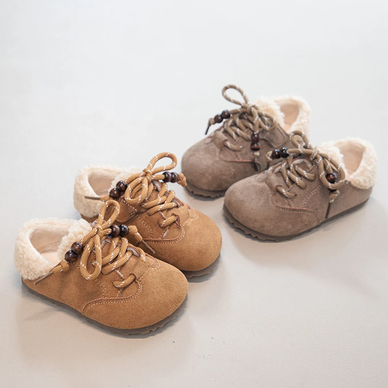 

Kids Fleece Lined Casual Shoes for Boys Girls 2025 New Winter Toddler Warm Loafers with Beaded Lace-up Non-slip Retro Footwear
