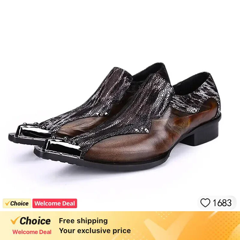 Office shoes Dress  Brand Men Shoes Handmade Pointed Gold Metal Toe Dress Shoes Men Shiny Wedding/Party Shoes Sapatos Masculino