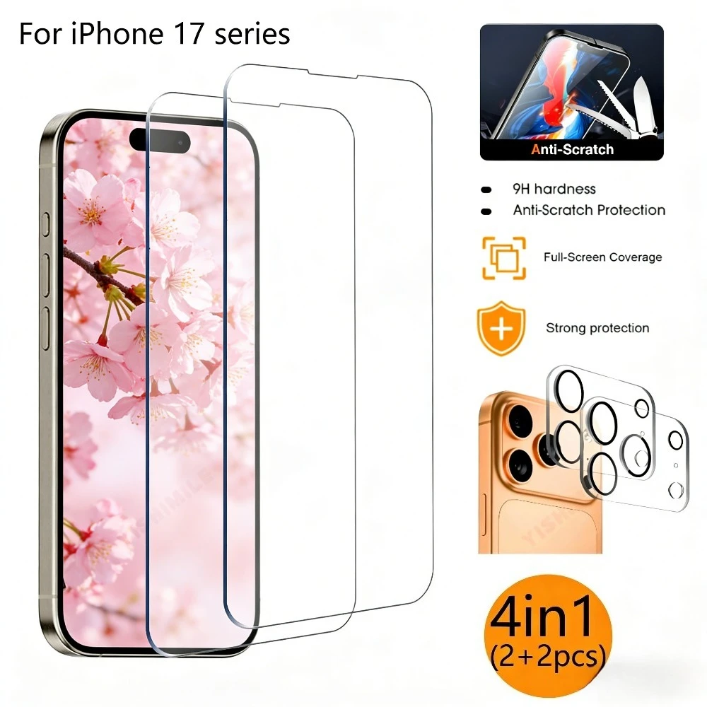

4-in-1 Ultra Clear Screen Protector for iPhone 17 16 15 14 Pro Max 17e Air Camera Lens Glass for iPhone 13 12 11 Pro 16 15 Plus