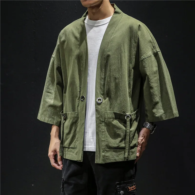DUYIT Men's Summer New Solid Color Seven-quarter Sleeve Loose Cardigan Jacket Japanese Casual Large Pocket Top
