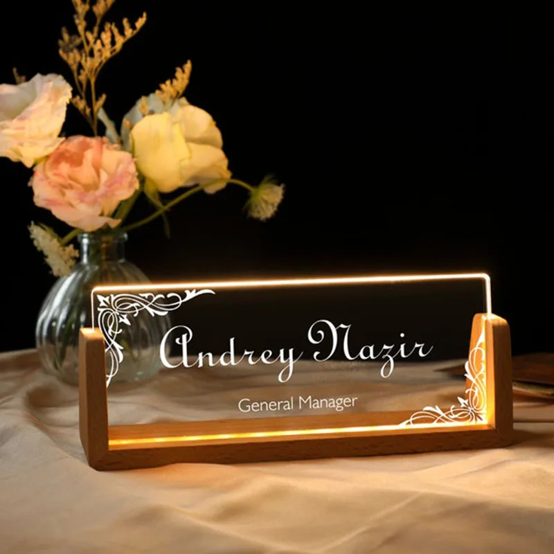 Personalized Lighted Acrylic Name Plate with Wooden Base Custom Name Sign for Desk Office Decor Perfect Gift for New Job Boss