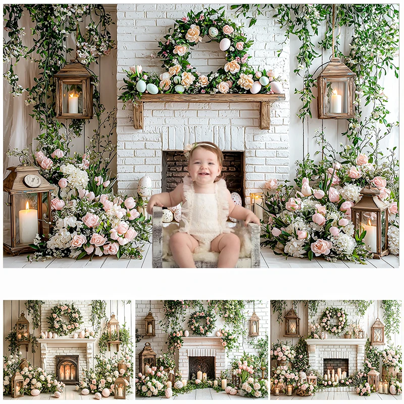 

LS Photography Background Spring Easter Egg Fireplace Bunny Floral Kids Birthday Party Portrait Decor Backdrop Photo Studio
