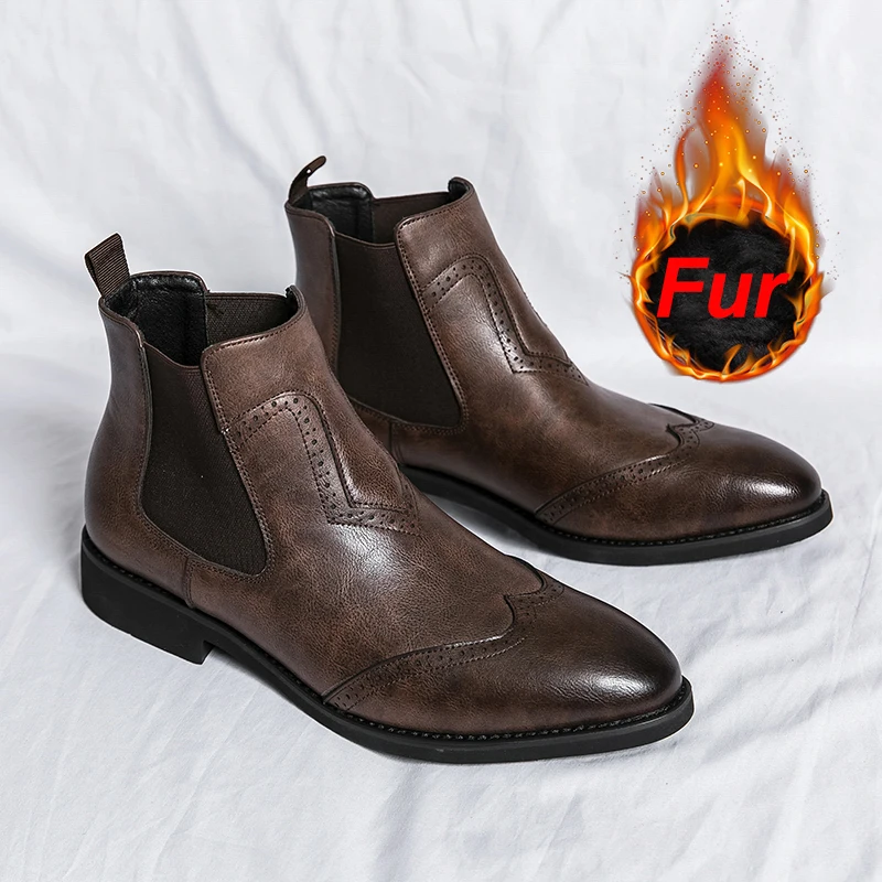 Męskie Chelsea Slip-on Designer Business formalne wodoodporne kostki mężczyźni Brogue moda kostki zimowe skórzane buty duże rozmiary 38-46
