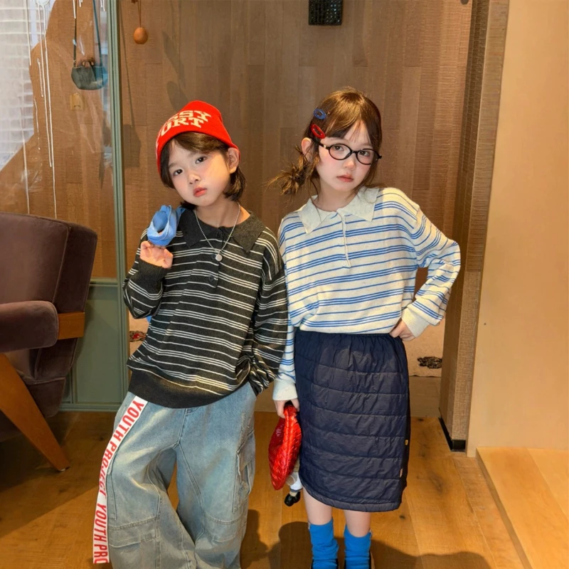 2026 Autumn/Winter New Korean Edition Children's Striped Wool Knitted Sweater for Boys and Girls Sweater