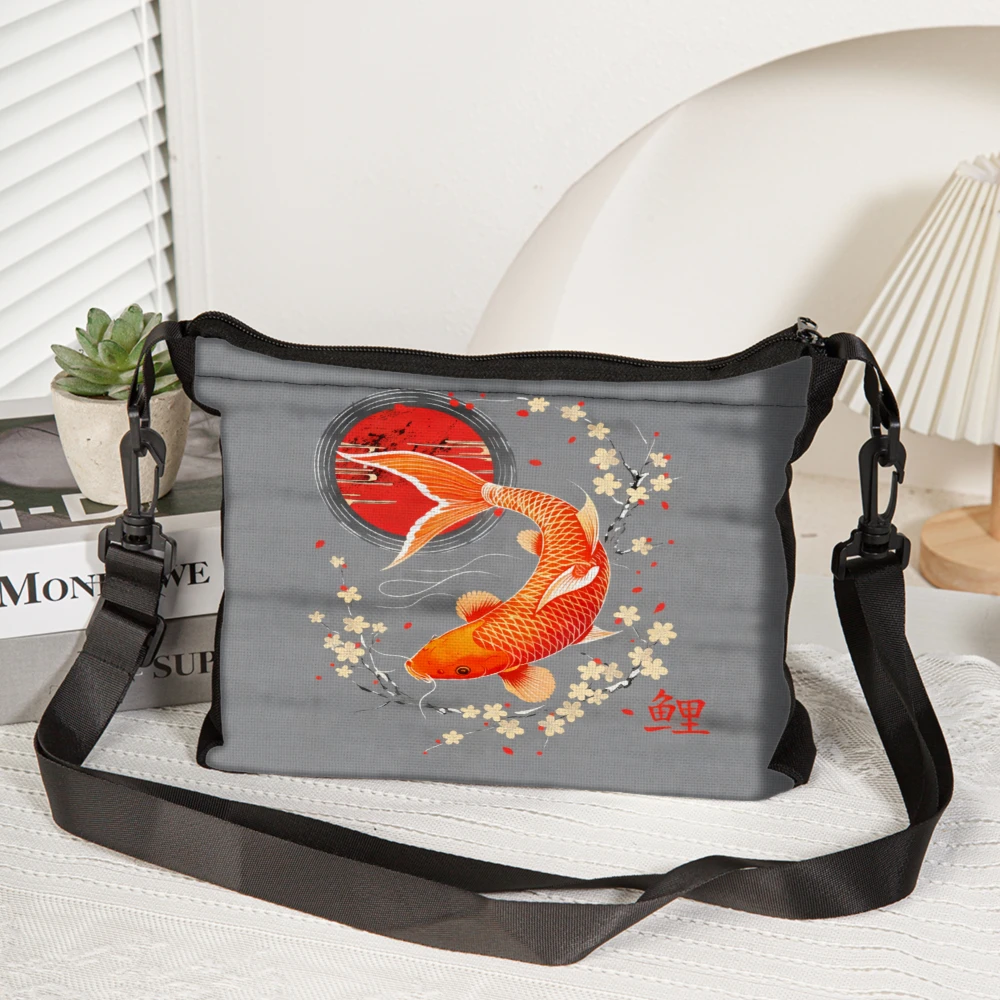 1pc Fashion Crossbody Bag Gray Koi Fish And Cherry Blossom Print Shoulder Bags For Women Casual Daily Use Travel Shopping School