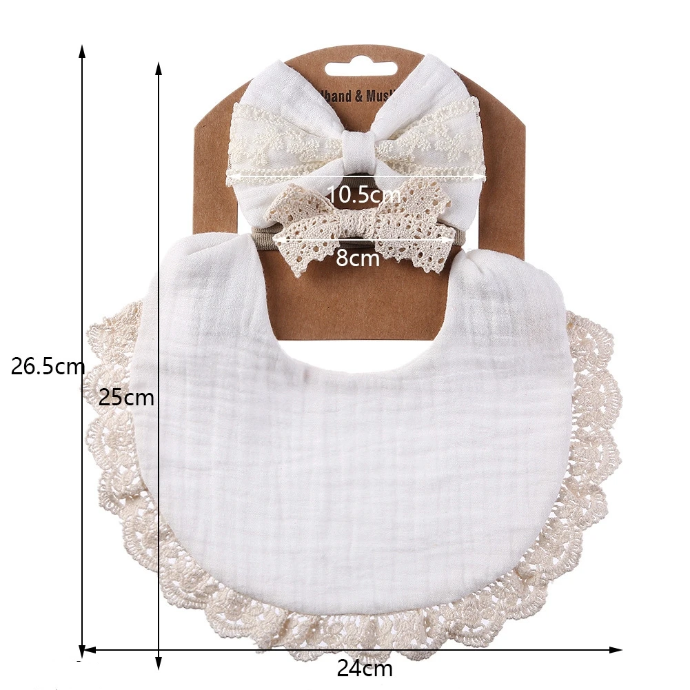 Tassel Lace Muslin Baby Bibs & Headbands 3pcs Set Cotton Infant Boys Girls Feeding Drool Saliva Towel Waterproof Burp Cloth